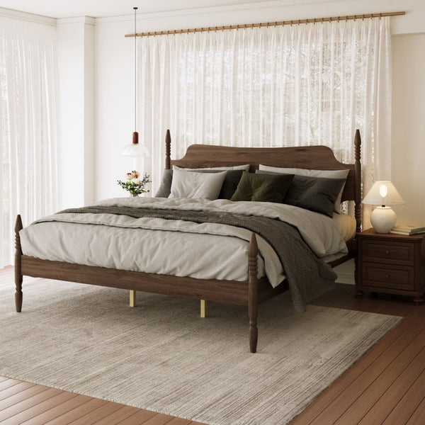 English Elm King Spindle Four Poster Bed Walnut Finish Curved Headboard Rubberwood No Box Spring W5819S00010