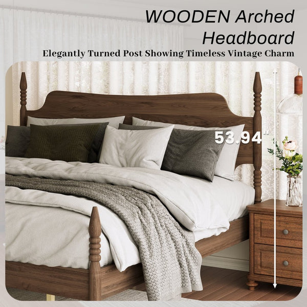 English Elm King Spindle Four Poster Bed Walnut Finish Curved Headboard Rubberwood No Box Spring W5819S00010