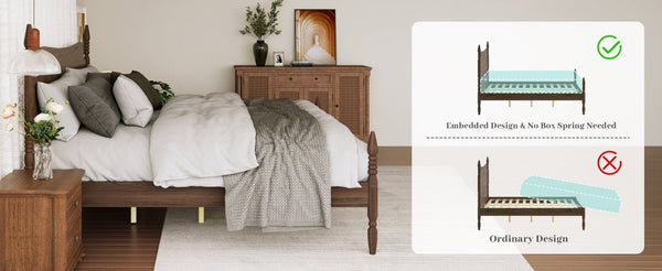 English Elm King Spindle Four Poster Bed Walnut Finish Curved Headboard Rubberwood No Box Spring W5819S00010