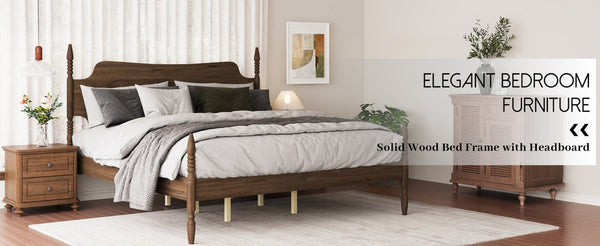 English Elm King Spindle Four Poster Bed Walnut Finish Curved Headboard Rubberwood No Box Spring W5819S00010