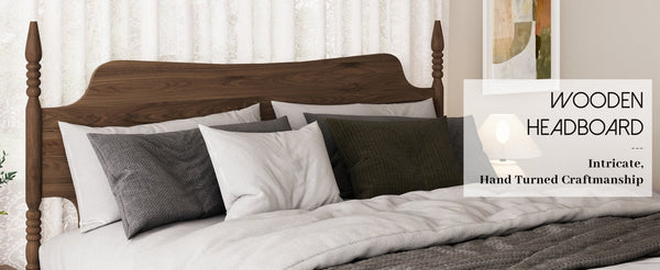 English Elm King Spindle Four Poster Bed Walnut Finish Curved Headboard Rubberwood No Box Spring W5819S00010