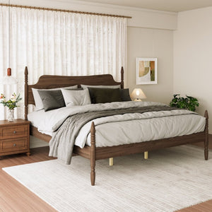 English Elm King Spindle Four Poster Bed Walnut Finish Curved Headboard Rubberwood No Box Spring W5819S00010