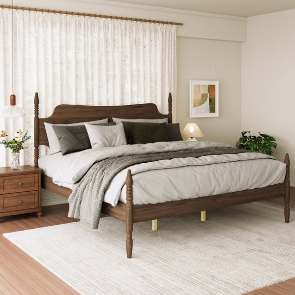 English Elm King Spindle Four Poster Bed Walnut Finish Curved Headboard Rubberwood No Box Spring W5819S00010
