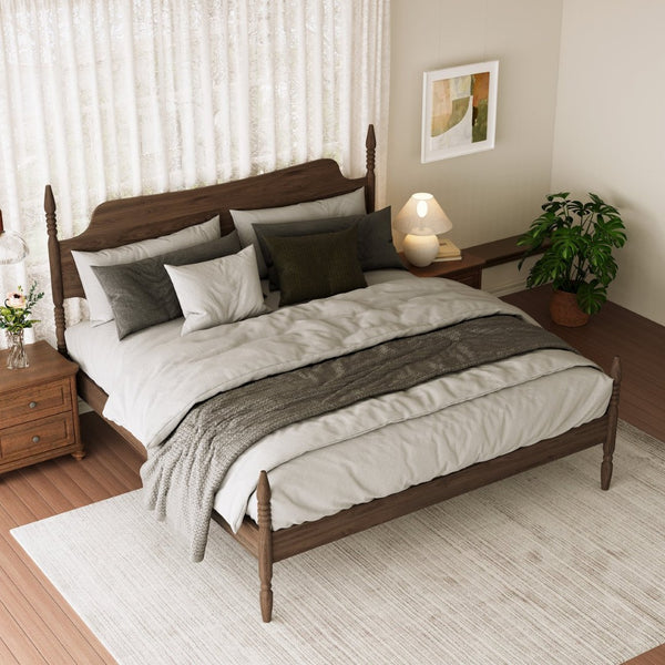 English Elm King Spindle Four Poster Bed Walnut Finish Curved Headboard Rubberwood No Box Spring W5819S00010