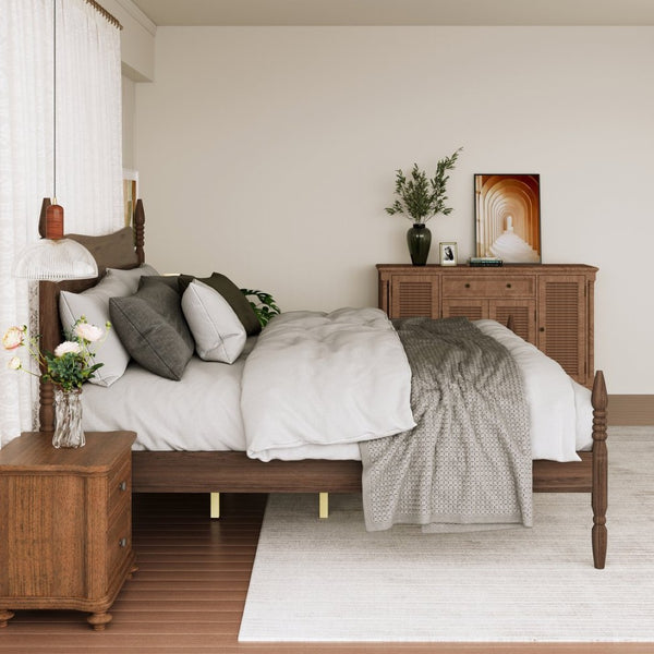 English Elm King Spindle Four Poster Bed Walnut Finish Curved Headboard Rubberwood No Box Spring W5819S00010