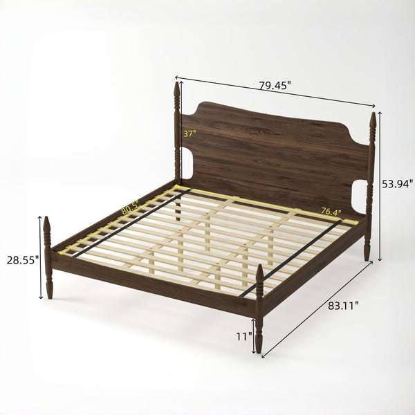 English Elm King Spindle Four Poster Bed Walnut Finish Curved Headboard Rubberwood No Box Spring W5819S00010