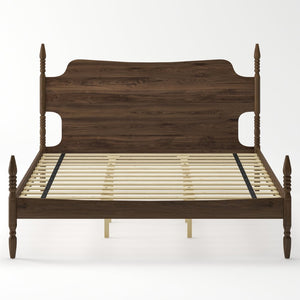 English Elm King Spindle Four Poster Bed Walnut Finish Curved Headboard Rubberwood No Box Spring W5819S00010