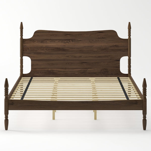 English Elm King Spindle Four Poster Bed Walnut Finish Curved Headboard Rubberwood No Box Spring W5819S00010
