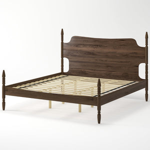 English Elm King Spindle Four Poster Bed Walnut Finish Curved Headboard Rubberwood No Box Spring W5819S00010
