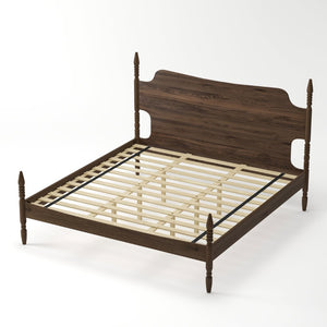 English Elm King Spindle Four Poster Bed Walnut Finish Curved Headboard Rubberwood No Box Spring W5819S00010