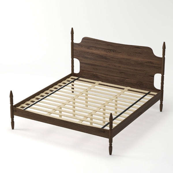 English Elm King Spindle Four Poster Bed Walnut Finish Curved Headboard Rubberwood No Box Spring W5819S00010