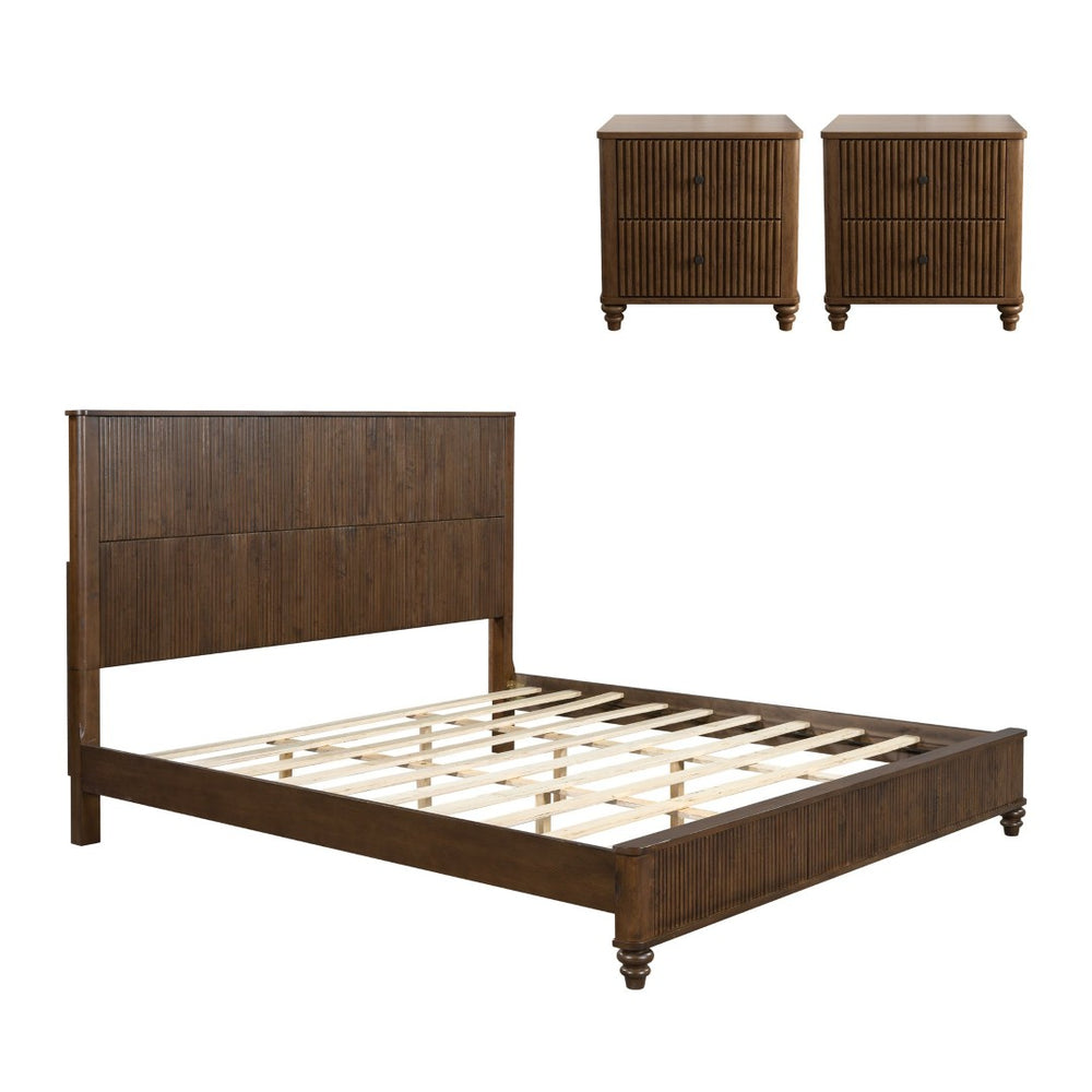 English Elm 3-piece King Bedroom Set Fluted Walnut Rubberwood Bed Frame with Sculptural Headboard W5819S00013