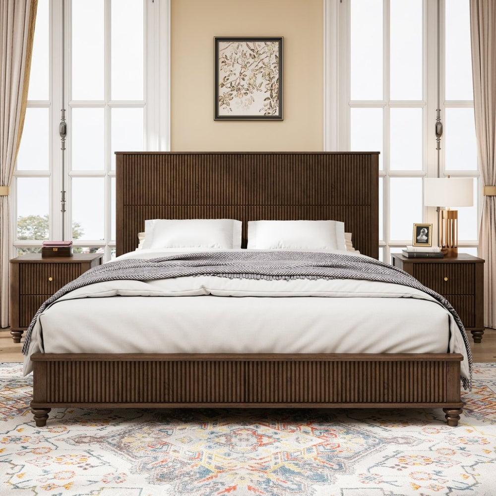 English Elm 3-piece King Bedroom Set Fluted Walnut Rubberwood Bed Frame with Sculptural Headboard W5819S00013