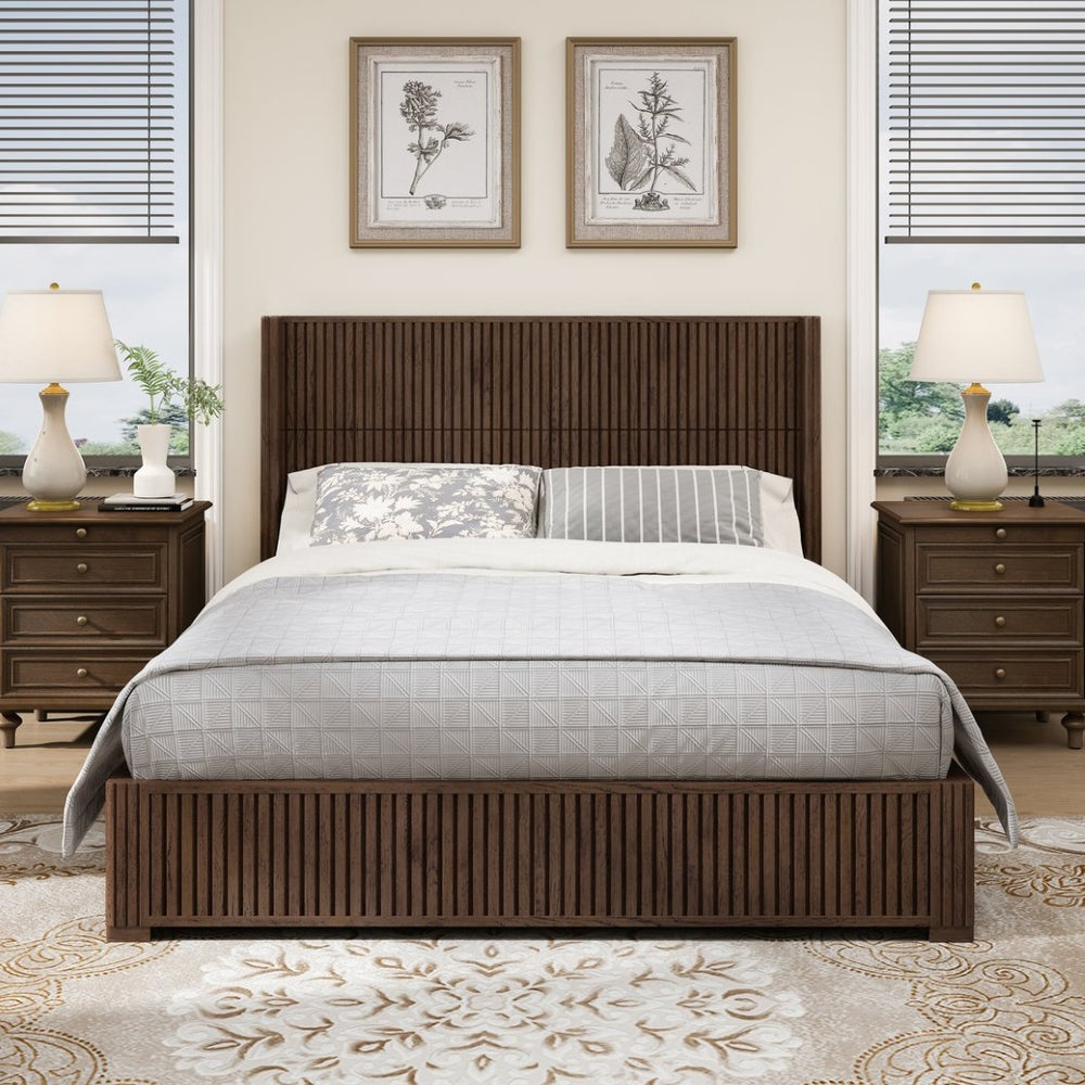 English Elm Eta:7.21-Ca:25 Solid Wood Queen Platform Bed Walnut Grain Integrated Headboard Floor W5819S00015