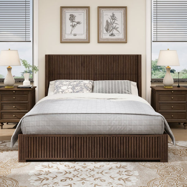 English Elm Eta:7.21-Ca:25 Solid Wood Queen Platform Bed Walnut Grain Integrated Headboard Floor W5819S00015