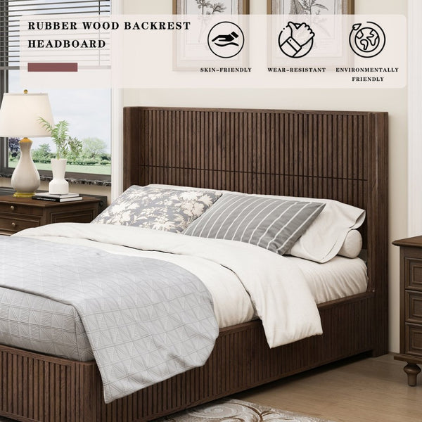 English Elm Eta:7.21-Ca:25 Solid Wood Queen Platform Bed Walnut Grain Integrated Headboard Floor W5819S00015