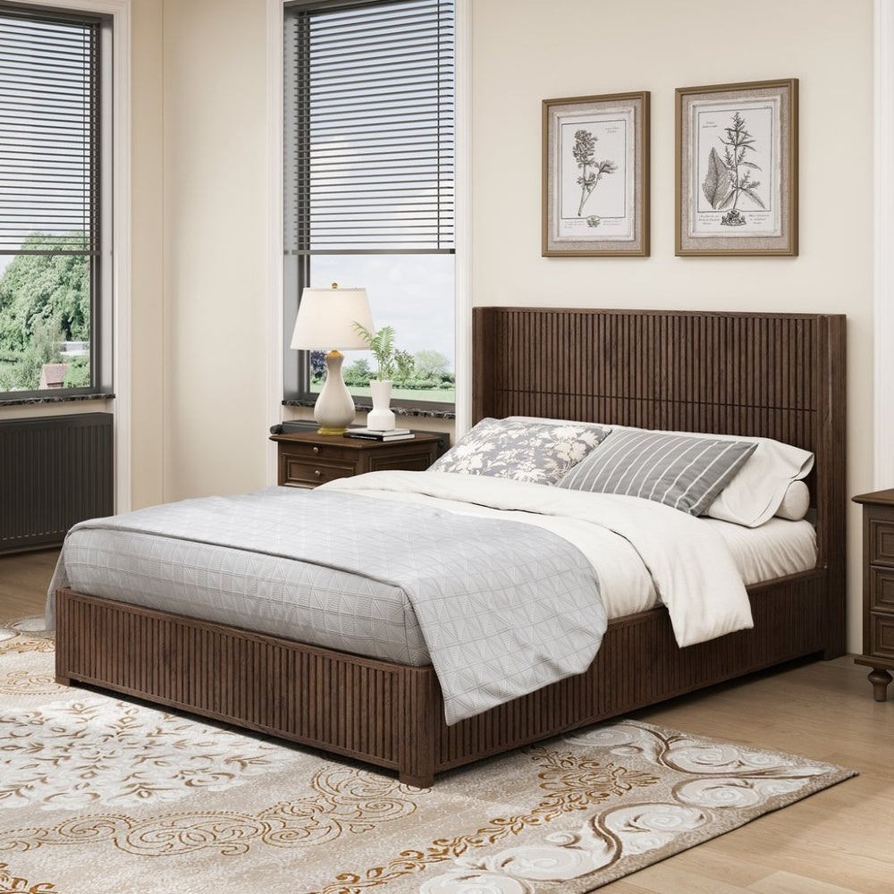 English Elm Eta:7.21-Ca:25 Solid Wood Queen Platform Bed Walnut Grain Integrated Headboard Floor W5819S00015