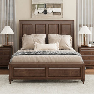English Elm Queen Sleigh Bed Solid Rubberwood Walnut Finish Tall Curved Headboard with Storage Bench W5819S00016