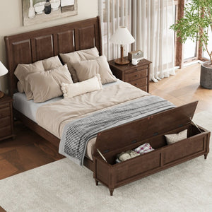 English Elm Queen Sleigh Bed Solid Rubberwood Walnut Finish Tall Curved Headboard with Storage Bench W5819S00016