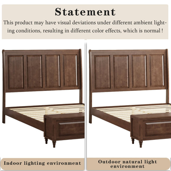 English Elm Queen Sleigh Bed Solid Rubberwood Walnut Finish Tall Curved Headboard with Storage Bench W5819S00016