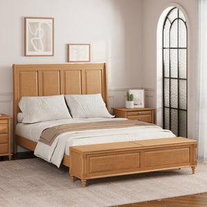 English Elm Queen Sleigh Bed Solid Rubberwood Tall Curved Headboard with Footboard Storage Bench W5819S00017