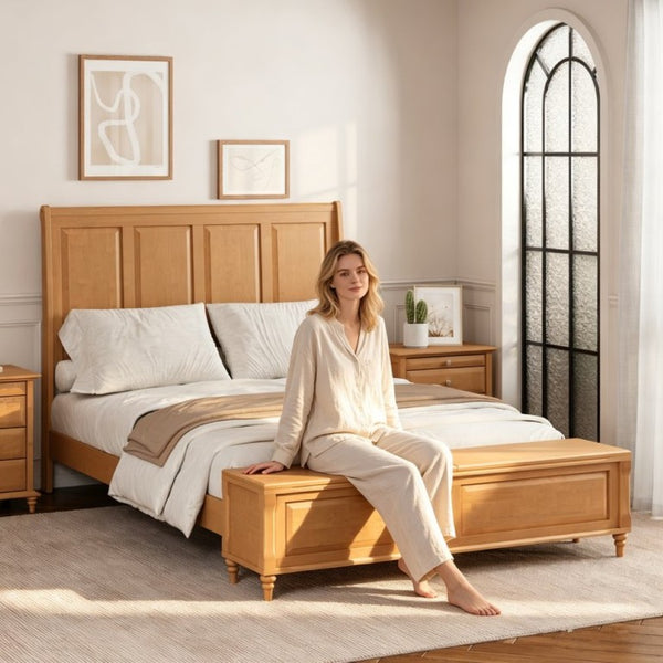English Elm Queen Sleigh Bed Solid Rubberwood Tall Curved Headboard with Footboard Storage Bench W5819S00017