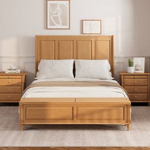 English Elm Queen Sleigh Bed Solid Rubberwood Tall Curved Headboard with Footboard Storage Bench W5819S00017