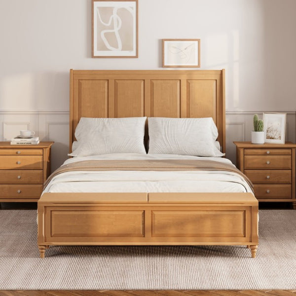 English Elm Queen Sleigh Bed Solid Rubberwood Tall Curved Headboard with Footboard Storage Bench W5819S00017