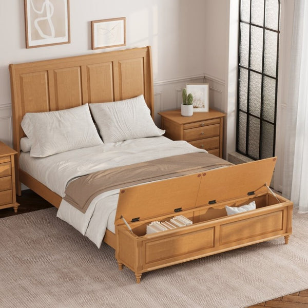 English Elm Queen Sleigh Bed Solid Rubberwood Tall Curved Headboard with Footboard Storage Bench W5819S00017
