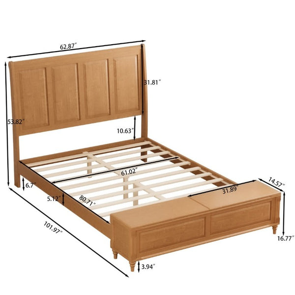 English Elm Queen Sleigh Bed Solid Rubberwood Tall Curved Headboard with Footboard Storage Bench W5819S00017