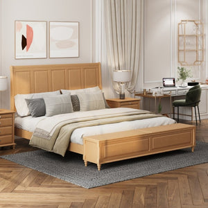 English Elm King Sleigh Bed Solid Rubberwood Tall Curved Headboard with Footboard Storage Bench W5819S00019