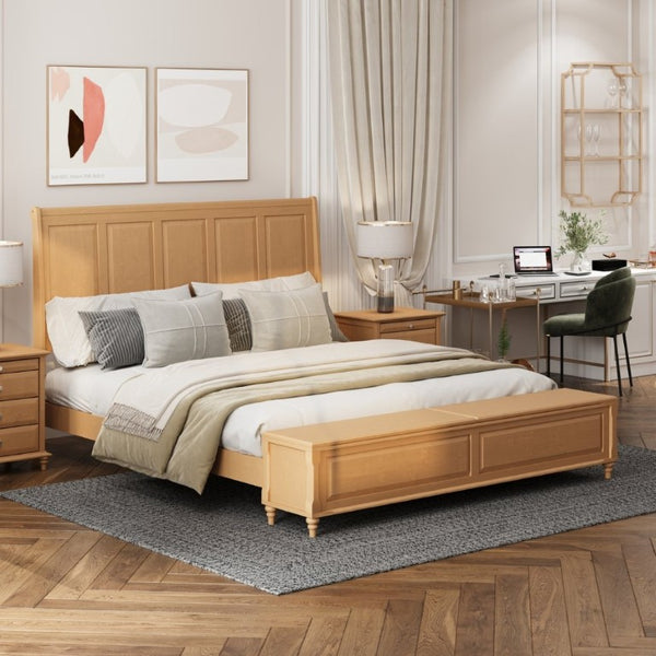 English Elm King Sleigh Bed Solid Rubberwood Tall Curved Headboard with Footboard Storage Bench W5819S00019