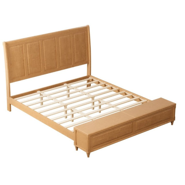 English Elm King Sleigh Bed Solid Rubberwood Tall Curved Headboard with Footboard Storage Bench W5819S00019