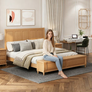 English Elm King Sleigh Bed Solid Rubberwood Tall Curved Headboard with Footboard Storage Bench W5819S00019