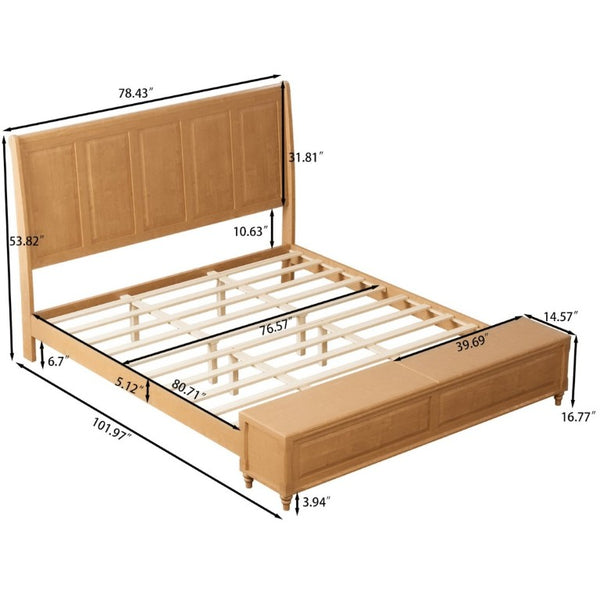 English Elm King Sleigh Bed Solid Rubberwood Tall Curved Headboard with Footboard Storage Bench W5819S00019