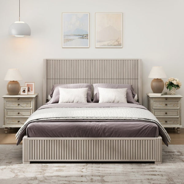 English Elm Solid Wood Queen Platform Bed Low Profile Frame with Organic Grain Beige Veneer Finish W5819S00020