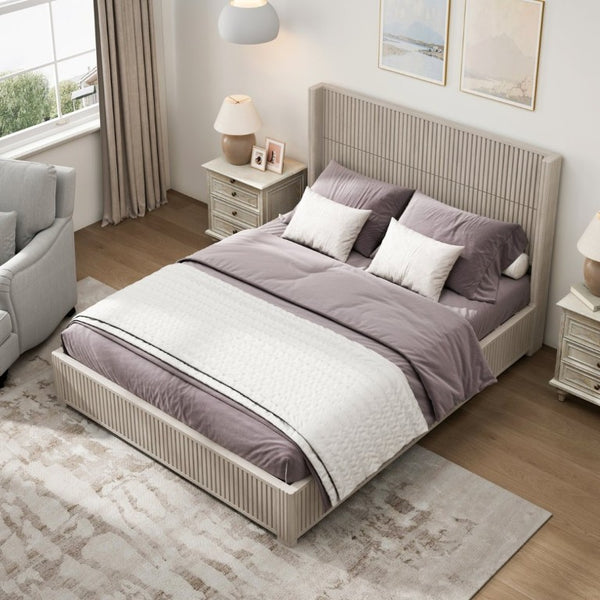 English Elm Solid Wood Queen Platform Bed Low Profile Frame with Organic Grain Beige Veneer Finish W5819S00020