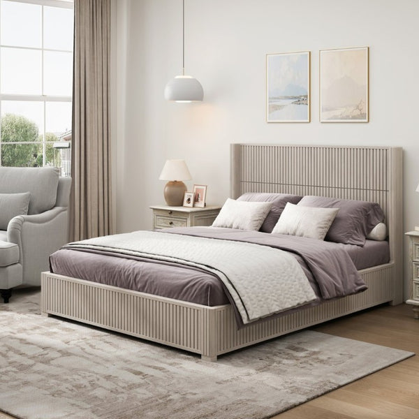 English Elm Solid Wood Queen Platform Bed Low Profile Frame with Organic Grain Beige Veneer Finish W5819S00020