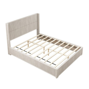 English Elm Solid Wood Queen Platform Bed Low Profile Frame with Organic Grain Beige Veneer Finish W5819S00020