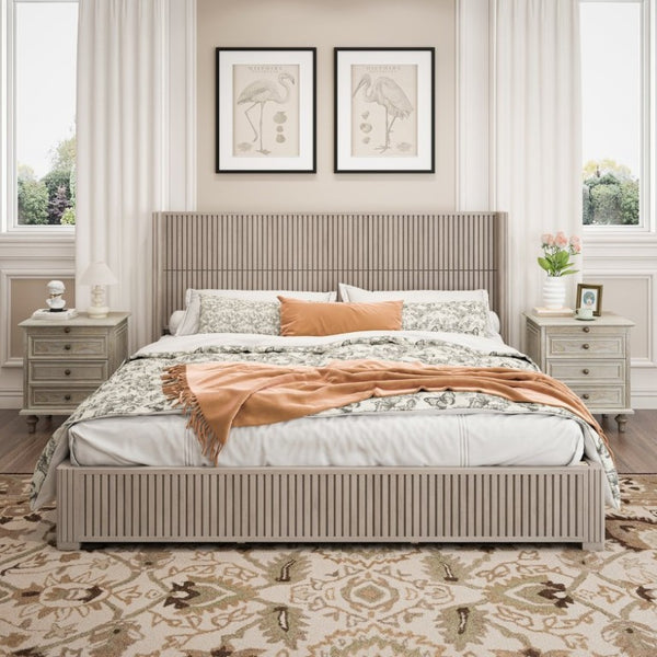 English Elm Solid Rubberwood King Platform Bed Low Profile Floor Standing Frame with Refined Headboard W5819S00021