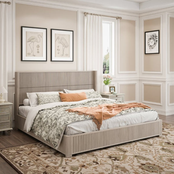 English Elm Solid Rubberwood King Platform Bed Low Profile Floor Standing Frame with Refined Headboard W5819S00021