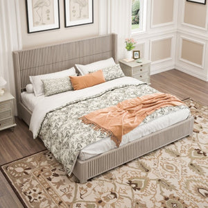 English Elm Solid Rubberwood King Platform Bed Low Profile Floor Standing Frame with Refined Headboard W5819S00021