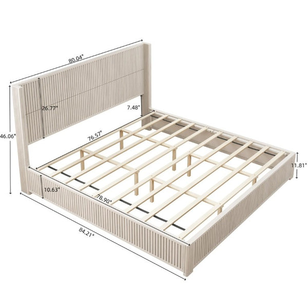 English Elm Solid Rubberwood King Platform Bed Low Profile Floor Standing Frame with Refined Headboard W5819S00021