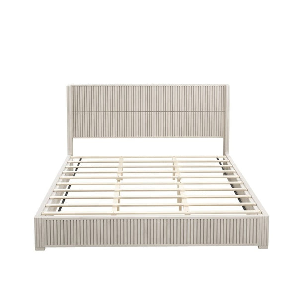 English Elm Solid Rubberwood King Platform Bed Low Profile Floor Standing Frame with Refined Headboard W5819S00021