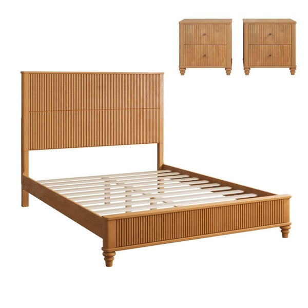 English Elm 3-Piece Queen Bedroom Set Fluted Rubberwood Bed with Two Nightstands Natural Finish W5819S00026