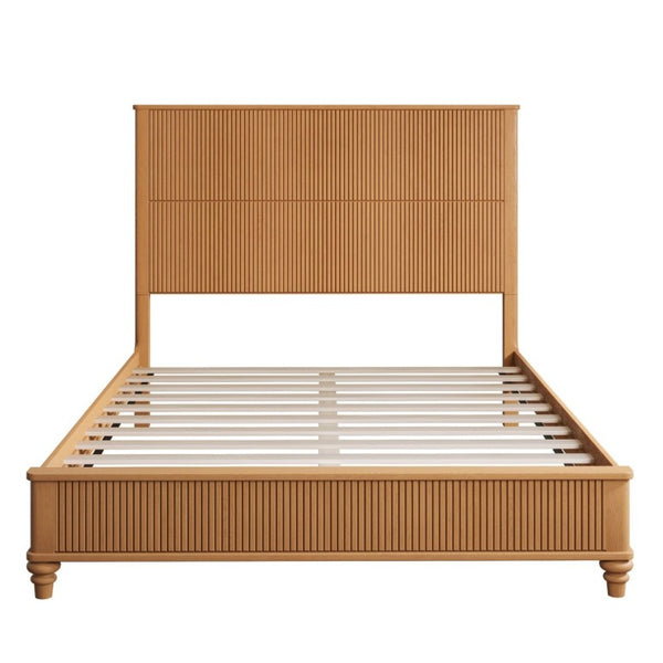 English Elm 3-Piece Queen Bedroom Set Fluted Rubberwood Bed with Two Nightstands Natural Finish W5819S00026