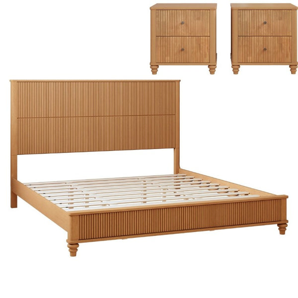 English Elm 3-Piece King Bedroom Set with Fluted Rubberwood Bed and Matching Nightstands W5819S00027