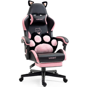 English Elm Cat Ears Gaming Chair Kawaii PU Leather Ergonomic Seat with Reclining Footrest Black W5822P488190