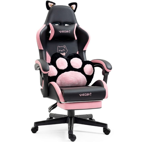 English Elm Cat Ears Gaming Chair Kawaii PU Leather Ergonomic Seat with Reclining Footrest Black W5822P488190