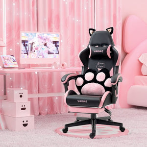 English Elm Cat Ears Gaming Chair Kawaii PU Leather Ergonomic Seat with Reclining Footrest Black W5822P488190